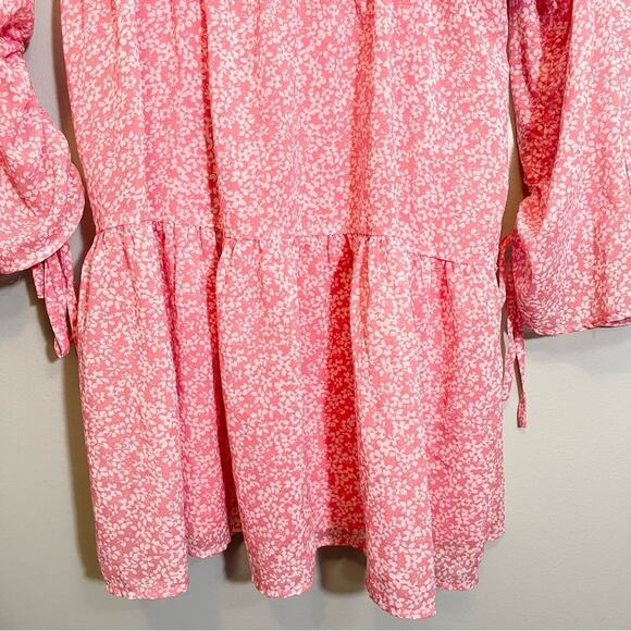 Influence Women's Pink Floral Crew Neck Shirred Sleeve Tiered Mini Dress Size 8 - Picture 10 of 16